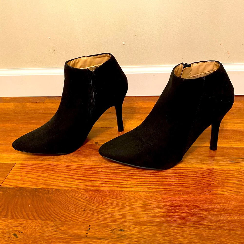 Black suede high heel booties. Size 6.5.